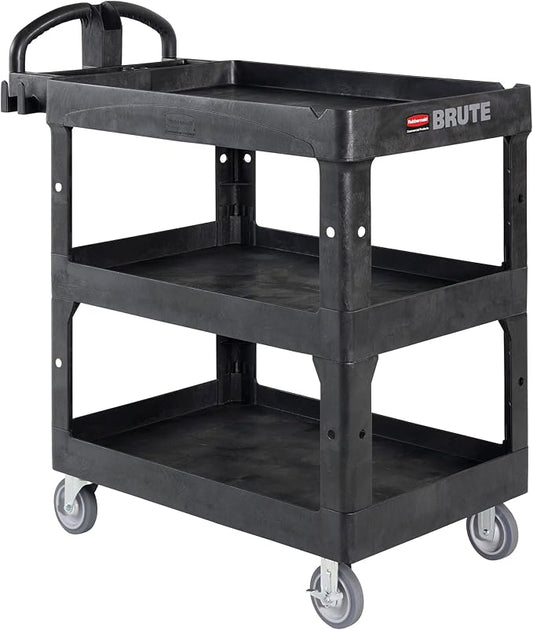 Rubbermaid Commercial Brute 3-Shelf Heavy-Duty Utility/Service Cart, Medium, High Storage, Lipped Shelves, Ergonomic Handle, 600 lb. Capacity, Ideal for Warehouse/Garage/Cleaning/Maintenance/Office