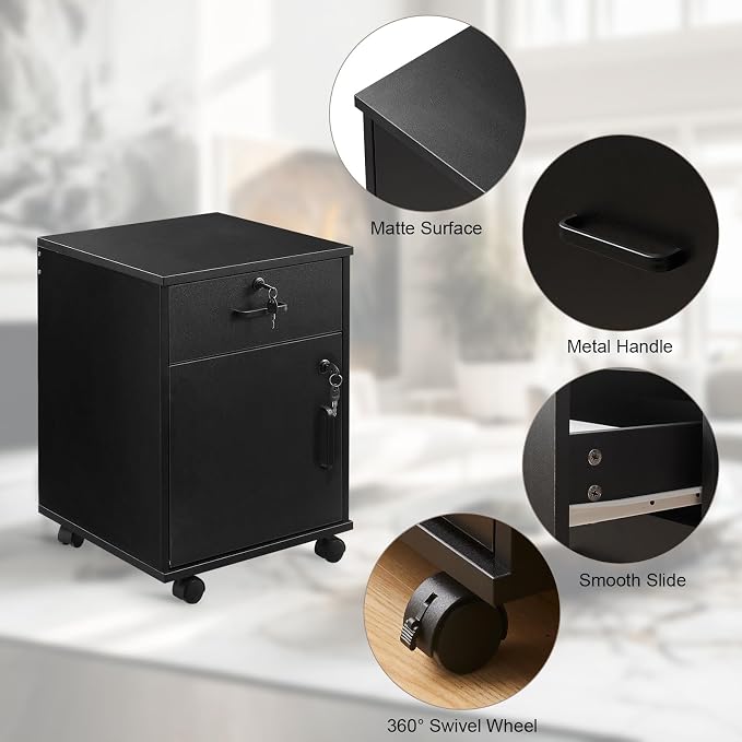 OFCASA 2 Drawer File Cabinet with Lock, Small Rolling Filing Cabinets for Home Office, Wood Under Desk File Cabinet with Wheels, Mobile Storage Organizer, Printer Stand for Letter/Legal, Black