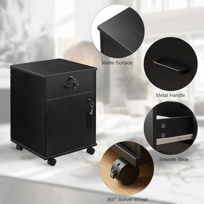 OFCASA 2 Drawer File Cabinet with Lock, Small Rolling Filing Cabinets for Home Office, Wood Under Desk File Cabinet with Wheels, Mobile Storage Organizer, Printer Stand for Letter/Legal, Black