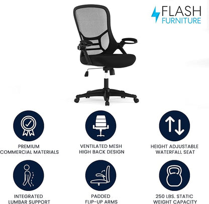 Flash Furniture Porter High Back Black Mesh Ergonomic Swivel Office Chair with Black Frame and Flip-up Arms