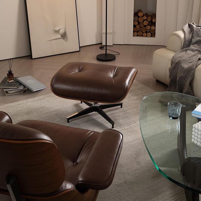 Mid Century Chaise Lounge Chair with Ottoman, Luxury Oil-Waxed Leather Reading Chair, Modern Chair Classic Design, Heavy Duty Base Support for Living Room Study Lounge Office Walnut Dark Brown