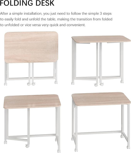 JSB Folding Desk for Small Spaces,Mobile Portable Rolling Laptop PC Table on Wheels,Foldable Computer Desk for Home Office,Bedroom,Dorm,Space Saving (Natural & White, 31.5")