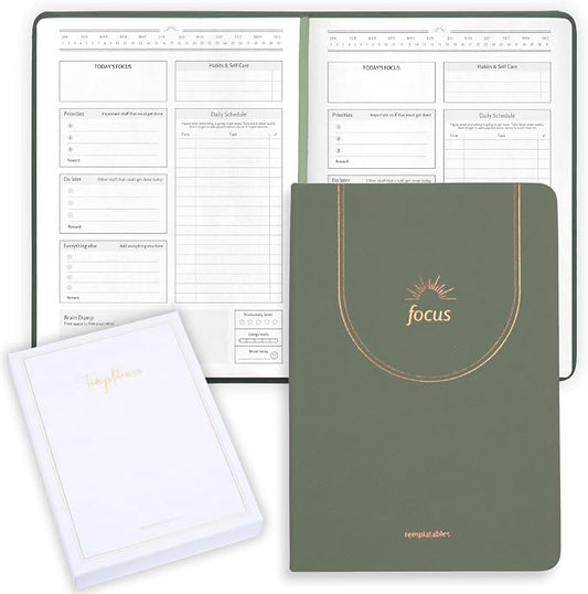 ADHD Daily Planner for Neurodivergent Adults – Premium Leather Productivity & Task Management Planner with Guided Focus Pages, 170gsm Paper, Gold Foiling & Gift Box – Undated | A5 (Sage Green)