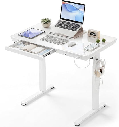 INNOVAR 35" Small Glass Standing Desk with Drawers & USB Ports, Whole-Piece Glass Top Adjustable Height Desks, Quick-Install Electric Sit-Stand Up Desk for Home Office & Computer Workstation, White