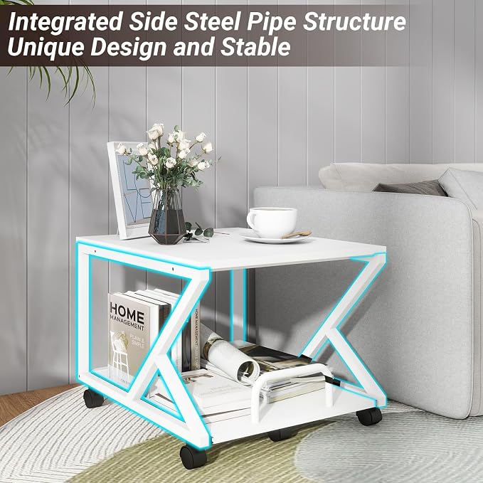 Natwind 2 Tier Printer Stand,19.7''x19.7'',with Pull Out Shelf,White | Easy Reach for Lower Shelf Items,Rolling Printer Cart with Wheels,Fits Under Desk,Supports 180lbs,for Home Office Kitchen