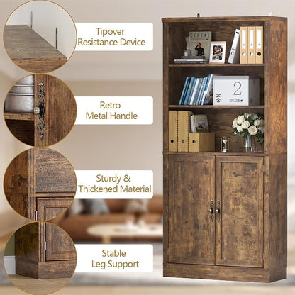 Thacuok 72'' Tall Bookcase with Doors, Adjustable Shelves, P2 MDF Construction, 32'' Wide Freestanding Cabinet with Metal Handles, Hidden Storage for Living Room, Bedroom