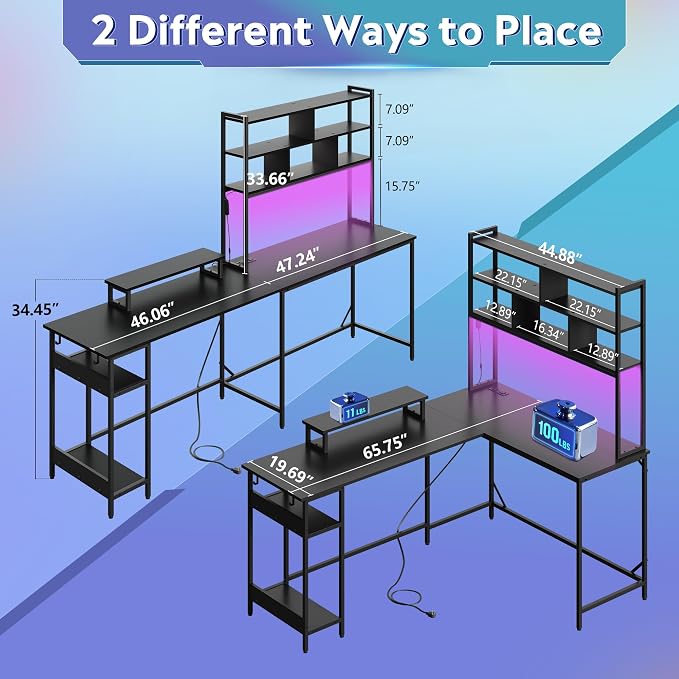 DEVAISE 66 Inch L Shaped Gaming Desk with Drawers and Storage, Corner Desk with LED Lights, Power Outlets, Computer Desk with Monitor Stand, Office Desk for Home, with Hutch, Black