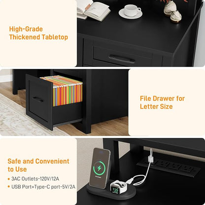 Vabches 47" Farmhouse Executive Desk with Monitor Stand & File Cabinet,3 Drawers Computer Desk with LED Lights and Power Outlets,Workstation for Home Office, Study,Writing.Pure Black