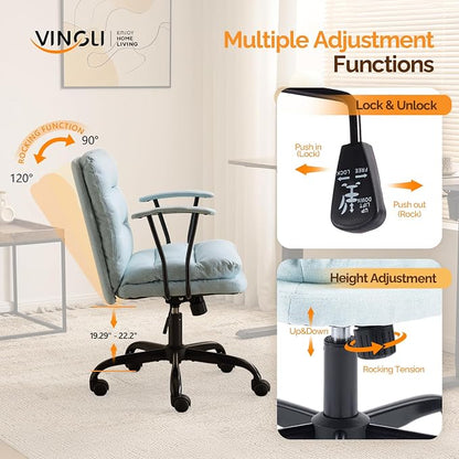 VINGLI Comfortable Office Desk Chairs with/No Wheels,Dual-Base,Removable Armrests,Adjustable Comfy Rolling Swivel Computer Task Nail Chair for Office,Sewing,Makeup Vanity,Teen,Linen Fabric,Mint Green