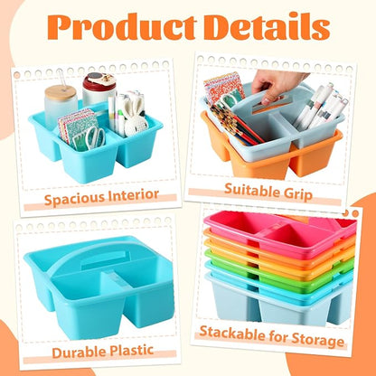 6 Pack 3 Compartment Small Caddy Plastic Classroom Organizer with Handle Portable Teacher Supply Storage Caddy Craft Art Caddies for Pencil, Crayon, Marker, Home, Office, School Supplies(Multicolored)