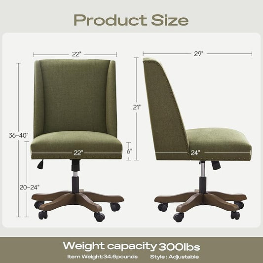 Zihanhome Upholstered Armless Office Chair with Wooden Legs, Modern Adjustable Home Office Desk Chair Computer Chair Swivel Chair for Home Office Study Studio (Green)