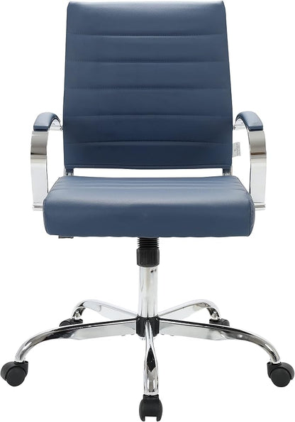 LeisureMod Benmar Leather Office Desk Chair, Mid-Back Ergonomic Swivel Chair with Lumbar Support, Adjustable Height, Tilt Lock, Cushioned Seat & Back, Home Office Task Chair (Navy Blue, Single)