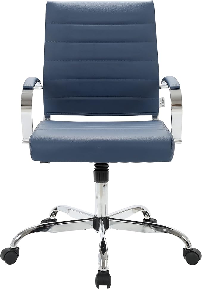 LeisureMod Benmar Leather Office Desk Chair, Mid-Back Ergonomic Swivel Chair with Lumbar Support, Adjustable Height, Tilt Lock, Cushioned Seat & Back, Home Office Task Chair (Navy Blue, Set of 2)
