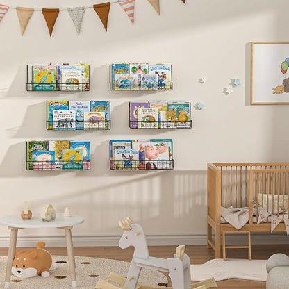 X-cosrack Floating Book Shelves for Wall Kids Bookshelf,Metal Hanging Wall Mounted Shelf for Nursery Toddler, Kids Room, Classroom,Set of 6,Black,2 Sizes