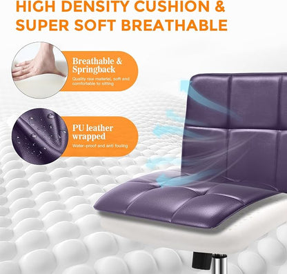 360° Office Desk Chair,PU Adjustable Rolling Task Chair with Backrest for Barber,Office,Home, Computer,360° Swivel,Armless (Widened Purple)