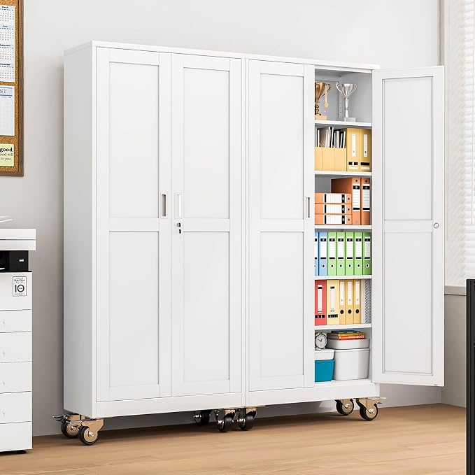 pozdeg 75" Metal Garage Storage Cabinets with Wheels, Lockable Rolling File Cabinets with 2 Doors and 5 Adjustable Shelves, Steel Tool Organizer Locker for Office Home Garage Gym School, White