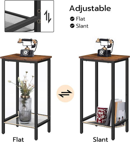 HOOBRO Tall Side Table, Industrial End Telephone Table with Adjustable Mesh Shelves, Small Tall Nightstand for Living Room, Bedroom, Entryway, Office, Rustic Brown and Black BF03DH01