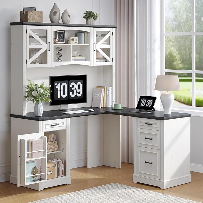 ONBRILL 72" L-Shaped Executive Desk with Hutch, Farmhouse L-Shaped Computer Desk with 4 Drawers, File Drawer and Power Outlet, Home Office Computer Desk for Living Room,Study Room (Off White& Black)