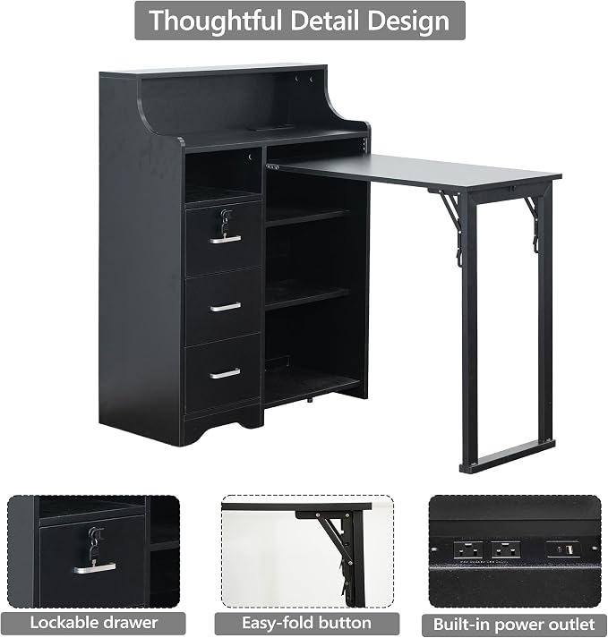 Fold Out Desk,Folding Desk with Storage,Lockable Drawers & Shelves, Built-in Power Outlet,Hidden Desk for Study and Home Office