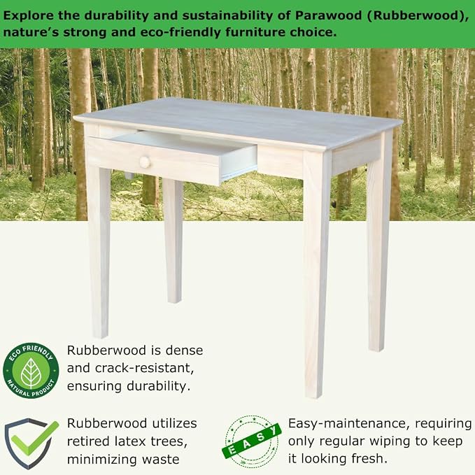 Unfinished Solid Parawood Writing Table 36"W x 20"D x 30"H, Eco-Friendly Home Office Desk with Drawer, Paint or Stain It Your Way, Reception Desk, School Desk, Office Furniture for Small Spaces