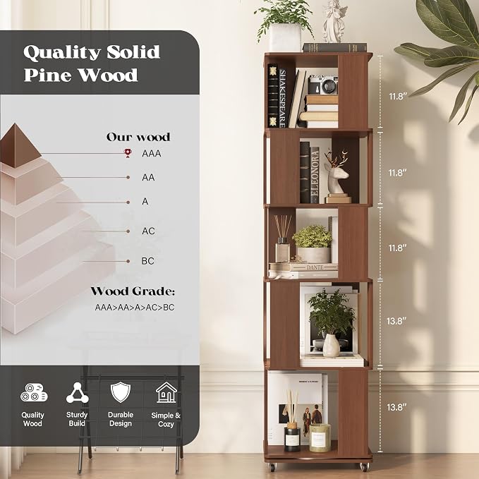 5 Tier Solid Wood Rotating Bookshelf Tower on Wheels, 360° Upgrade Spinning Book Shelf, Revolving Bookcase Organizer, Swivel Bookshelves for Small Spaces, Corner, Bedroom, Kids Room, Office (Brown)