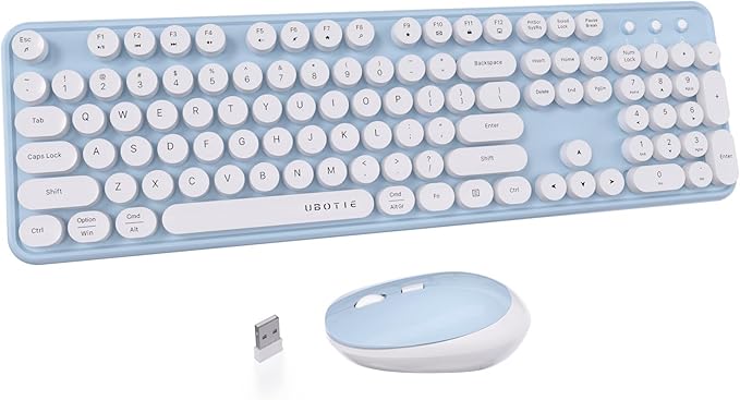 UBOTIE Colorful Wireless Keyboard and Mouse Combos, Retro Typewriter Floating Flexible Full-Sized Keys Computer Keyboard with Optical Mouse, 2.4GHz USB-A Connection for Windows Mac (Blue-White)
