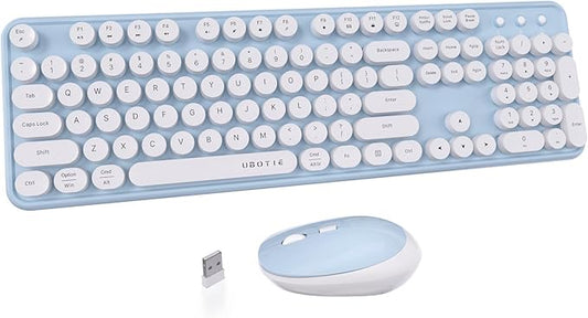 UBOTIE Colorful Wireless Keyboard and Mouse Combos, Retro Typewriter Floating Flexible Full-Sized Keys Computer Keyboard with Optical Mouse, 2.4GHz USB-A Connection for Windows Mac (Blue-White)