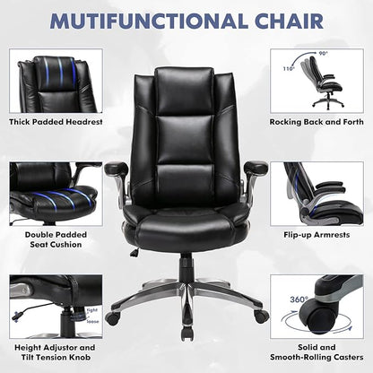 MALOL Leather Executive Office Chair - High Back Home Computer Desk Chair with Padded Flip-up Arms, Adjustable Tilt Lock, Swivel Rolling Ergonomic Chair for Adult Working Study, Black