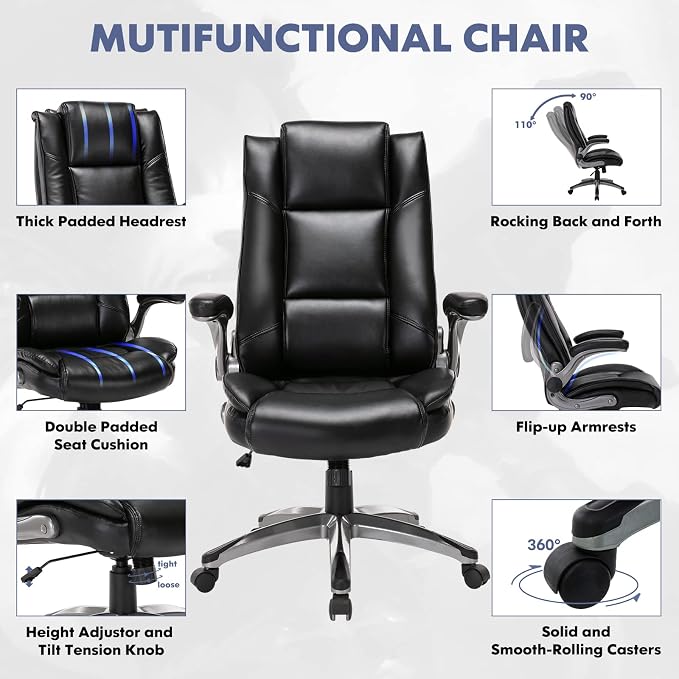 COLAMY Leather Executive Office Chair - High Back Ergonomic Home Computer Desk Chair with Padded Flip-up Arms, Adjustable Tilt Lock, Swivel Rolling Chair for Adult Working Study, Black