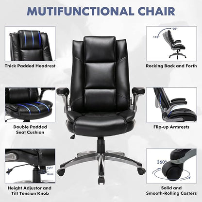 COLAMY Leather Executive Office Chair - High Back Ergonomic Home Computer Desk Chair with Padded Flip-up Arms, Adjustable Tilt Lock, Swivel Rolling Chair for Adult Working Study, Black