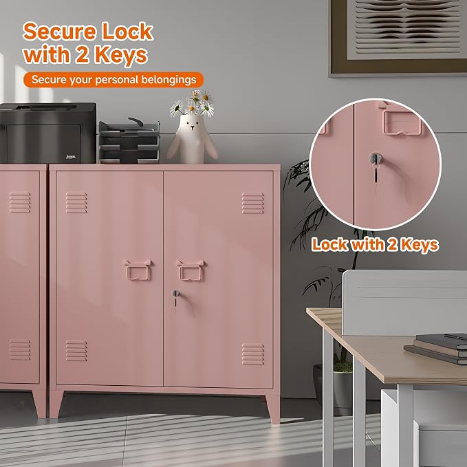 Metal Storage Cabinet 35.4”H Locking Storage Cabinet (Pink) | With 2 Adjustable Shelves and Doors, Pink Small Storage Cabinet for Home Warehouse Office Garage