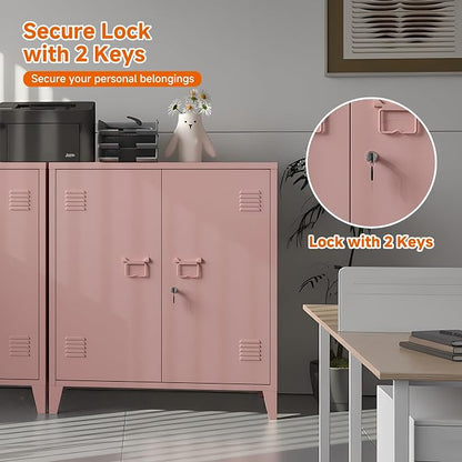 Metal Storage Cabinet 35.4”H Locking Storage Cabinet (Pink) | With 2 Adjustable Shelves and Doors, Pink Small Storage Cabinet for Home Warehouse Office Garage