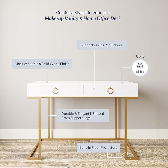 BELLEZE Vanity Desk with 2 Drawers, 45 Inch Computer Desk Mordern Vanity Makeup Dressing Table Home Office Desk Laptop Study Writing Table with Gold Metal Frame, White