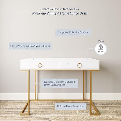 BELLEZE Vanity Desk with 2 Drawers, 45 Inch Computer Desk Mordern Vanity Makeup Dressing Table Home Office Desk Laptop Study Writing Table with Gold Metal Frame, White