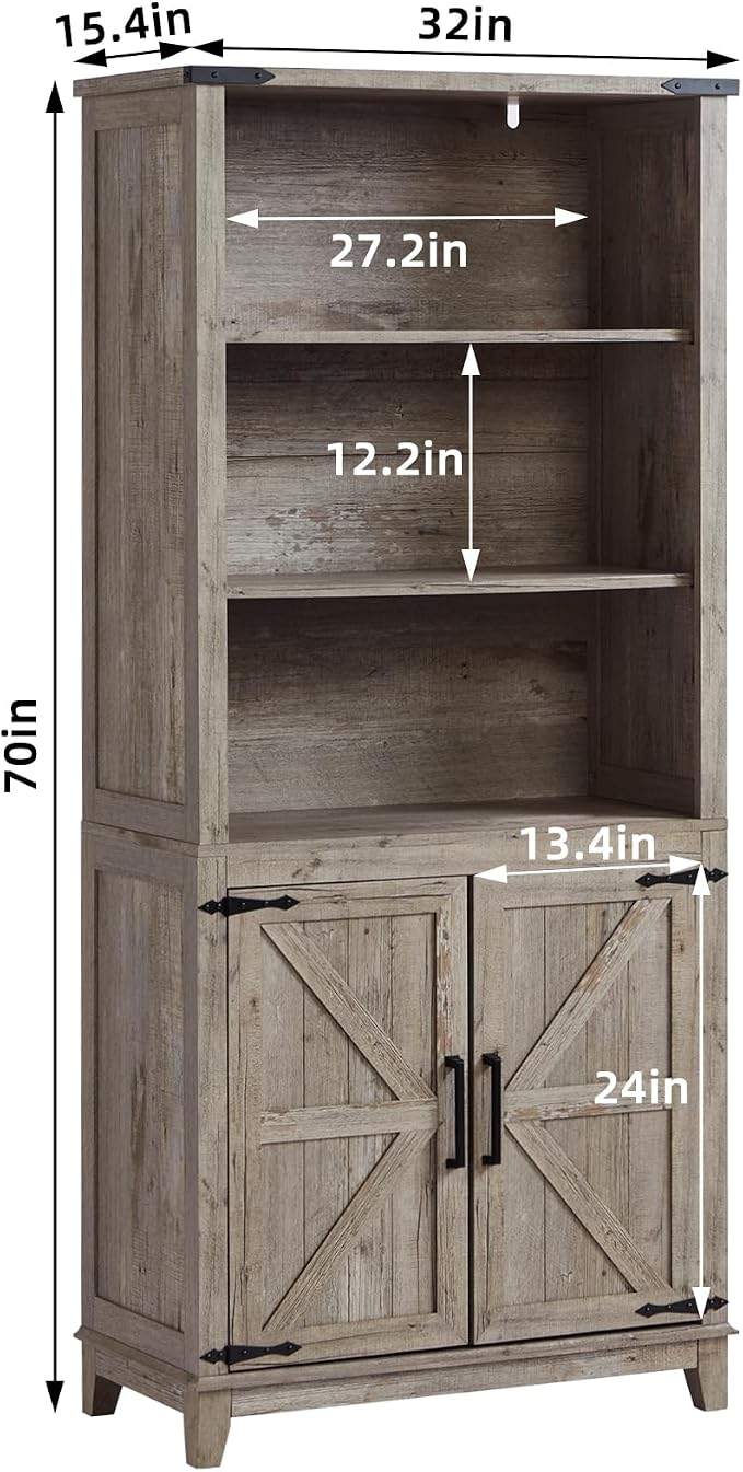 Joaxswe 5 Tier Bookshelf 70in Tall Bookcase with Barn Doors and Storage Cabinet, Grey Farmhouse Book Shelf with Adjustable Shelves, Wood Freestanding Display Bookshelves for Bedroom, Kitchen (3 PCS)