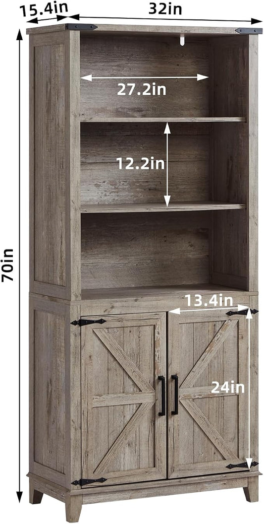 Joaxswe 70in Tall Bookshelf 5 Tier Bookcase with Barn Doors and Adjustable Shelves, Grey Farmhouse Book Shelf with Storage Cabinet, Wood Freestanding Display Bookshelves for Bedroom, Living Room