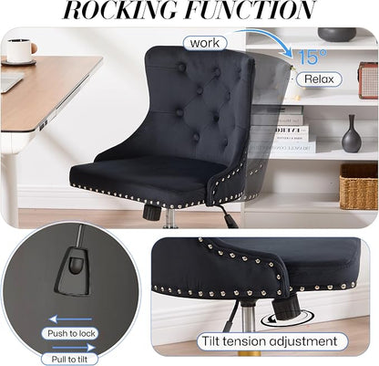 Velvet Armless Home Office Desk Chair, Swivel Height-Adjustable Small Cute Vanity Chair for Women/Girls, Comfy Makeup Chair with Rivet and Gold Base for Living Room, Bedroom(Black)