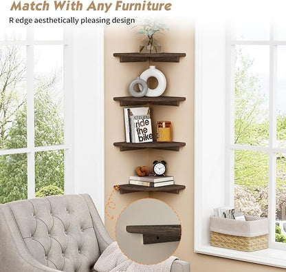 Forbena Floating Corner Shelves for Wall Set of 4, Small Corner Bookshelf for Bedroom Books, Round Wooden Corner Shelf Wall Mount for Bathroom Plants, Kitchen, Living Room Decor (Dark Brown)