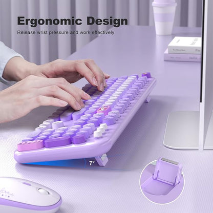 Dilter Wireless Keyboard and Mouse Combo, Full Size Retro Keyboard with Number Pad and 2 in 1 USB Connected Mouse for Windows 7/8/10, Laptop, Desktop, PC, Computer (Purple Colorful)