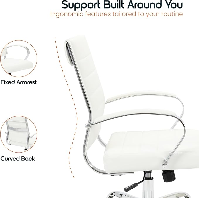 LeisureMod Benmar Leather Office Desk Chair, Mid-Back Ergonomic Swivel Chair with Lumbar Support, Adjustable Height, Tilt Lock, Cushioned Seat & Back, Home Office Task Chair (White, Pallet)
