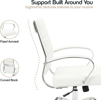LeisureMod Benmar Leather Office Desk Chair, Mid-Back Ergonomic Swivel Chair with Lumbar Support, Adjustable Height, Tilt Lock, Cushioned Seat & Back, Home Office Task Chair (White, Set of 4)