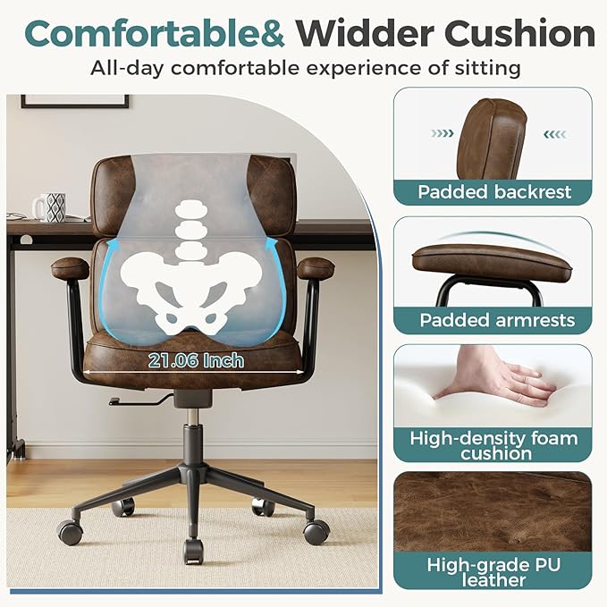 OLIXIS Ergonomic Home Office Desk Chair, PU Leather Computer Chair with Lumbar Support Adjustable Height Rolling Swivel Executive Task Armrests, Modern Brown