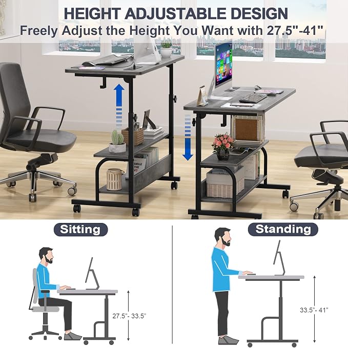 Armocity Rolling Standing Desk with Charging Station, Portable Height Adjustable Mobile Computer Desk with Wheels & 2-Tier Shelves & Hooks, Easy Assembly Laptop Table for Couch Bed, 32" Grey Oak
