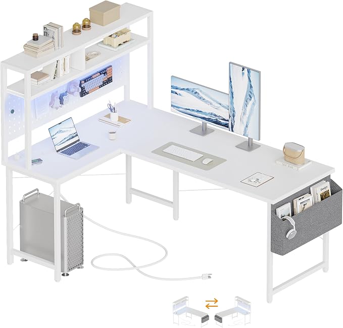 Mericonia 51 inch Large L Shaped Desk with Pegboard Hutch & Shelves, Corner Gaming Desk with Power Outlet, LED Light & Storage Bag, Reversible Computer Desk for Home, Bedroom, Office Workspace, White