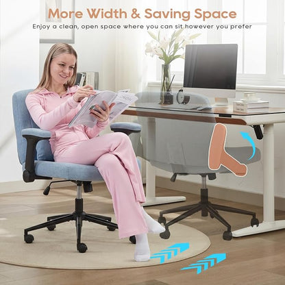 IPKIG Criss Cross Chair with Adjustable Flip-up Arms, Vanity Chair with Wheels, Comfy Desk Chair with Lumbar Pillow Swivel Wide Office Chair for Home Office, Bedroom, Linen, Blue