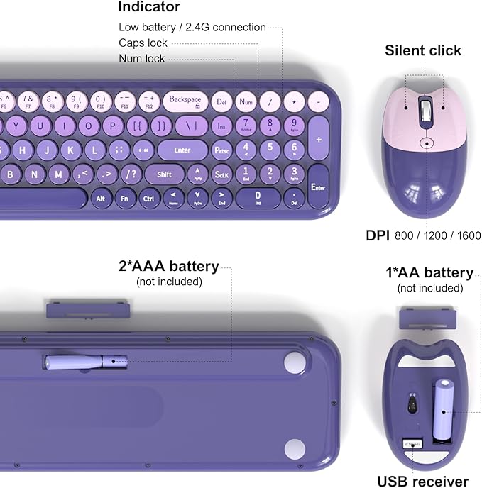 MOFII Wireless Keyboard and Mouse Combo, Compact Small Keyboard with Large Print, 2.4GHz Retro Typewriter Keyboard, Quiet Click Mouse for PC, Laptop, Desktop, Windows (Purple Gradient)
