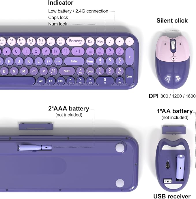 MOFII Wireless Keyboard and Mouse Combo, Compact Typewriter Retro Round Computer Keyboard and Mouse Set, Plug and Play, for Windows, Computer, Desktop, PC, Notebook - (Purple Gradient)