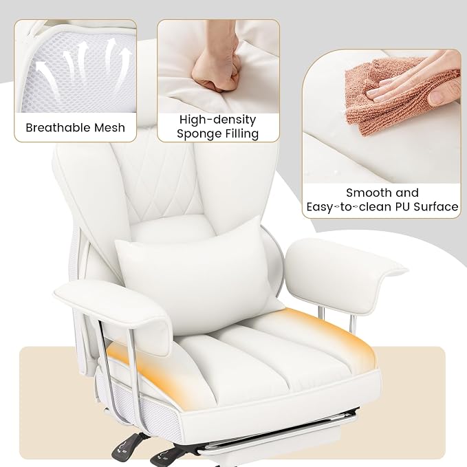 COSTWAY 400 LBS Big and Tall Office Chair, PU Leather Executive Desk Chair w/Retractable Footrest, Reclining Function, Lumbar Support, Ergonomic High Back Home Computer Task Chair, White
