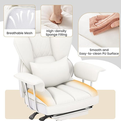 COSTWAY 400 LBS Big and Tall Office Chair, PU Leather Executive Desk Chair w/Retractable Footrest, Reclining Function, Lumbar Support, Ergonomic High Back Home Computer Task Chair, White