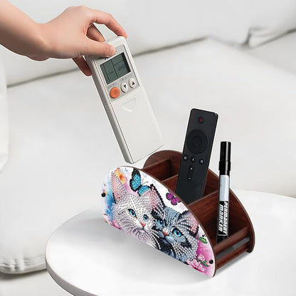 DIY Diamond Painting Storage Box Couple Cats, Handmade 5D Diamond Art Case Multi-Compartment Wooden Desktop Organizer for TV AC Remotes Makeup Brushes Pens Tabletop Holder, Valentine's Day Gift